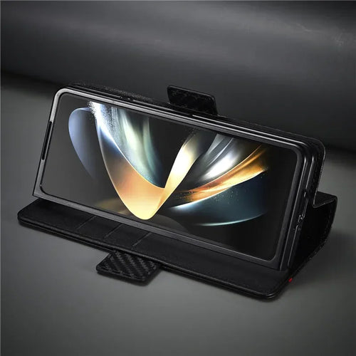 PU Carbon Fiber Leather Wallet Phone Case For Samsung Galaxy Z Fold 6 5 4 3 Magnetic Flip Book Holder Cover For Galaxy Z Fold6