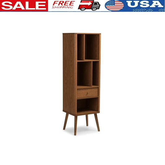 Mid-Century Modern Walnut Bookcase with Drawer Spacious Shelves Home Office Storage and Display