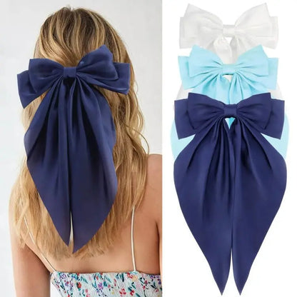 Hair Bows for Women Girls 3Pcs White Pink Black Silky Satin Large Bows Hair Clip Oversized Hair Ribbons Long Tail Big Hair Bows