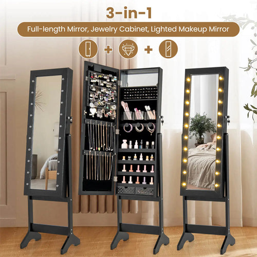LED Mirror Jewelry Cabinet w/20 LED Lights Full-Length Mirror Adjustable Angles