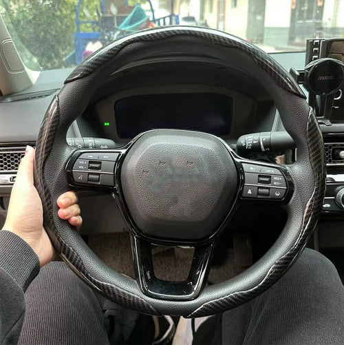 3PCS Laser Carbon Fiber Silicone Car Round Steering Wheel Cover Fiber Leather Wheel Booster Auto Cover Non-Slip Universal parts
