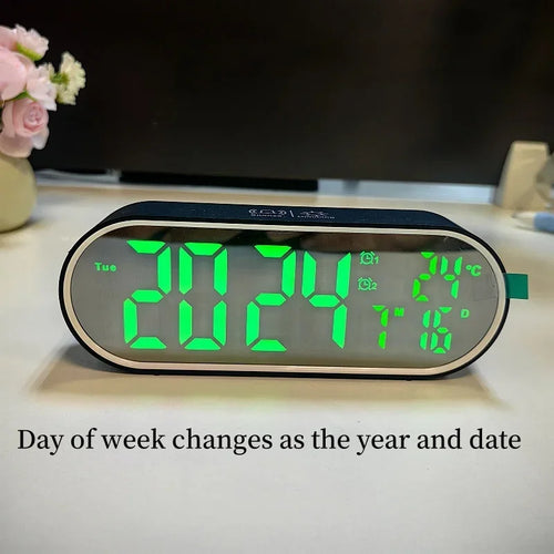 Rechargeable Digital Alarm Clock TEMP Date Week 2 Alarms Night Mode Snooze 12/24H Anti-disturb Voice Control LED Mirror Clock