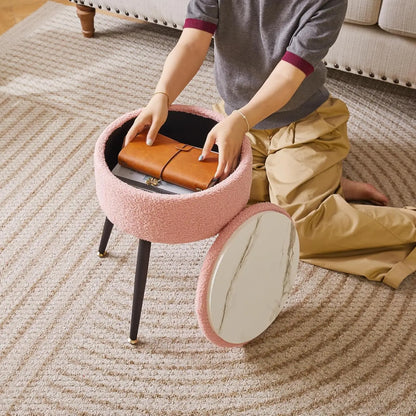 Vanity Stool, Pink Vanity Chair with Storage, Foot Stools Ottoman Small, Soft Faux Teddy Fur Stool with 4 Metal Legs