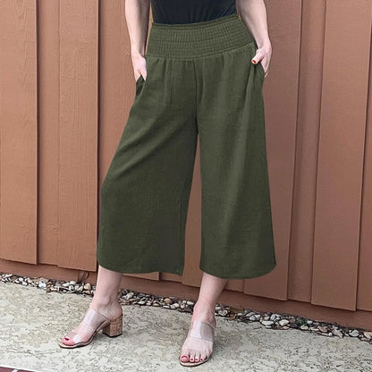 Wide Leg Cropped Pants For Women Casual Solid Color Elastic High Waist Trousers Cotton Linen Loose Drawstring With Pockets Pants