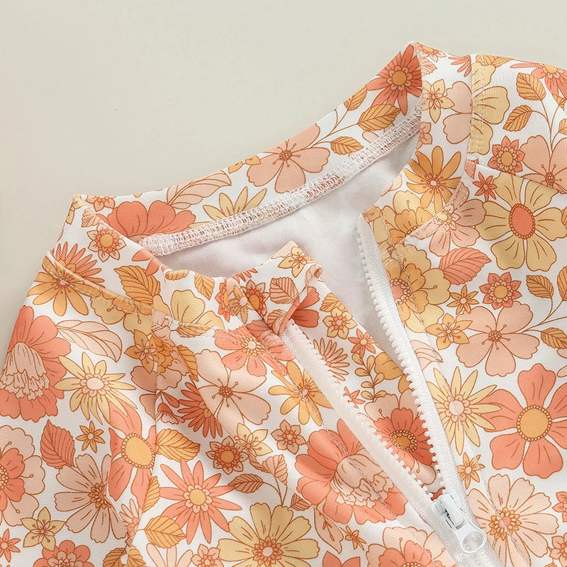 Lioraitiin Summer Toddler Baby Girl Swimsuit Flower Set Long Sleeve Front Zipper Swimsuit + Bow Swimming Cap Bathing Suit Wear