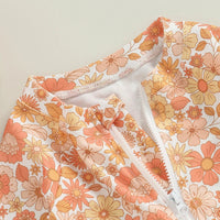 Lioraitiin Summer Toddler Baby Girl Swimsuit Flower Set Long Sleeve Front Zipper Swimsuit + Bow Swimming Cap Bathing Suit Wear