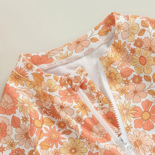 Lioraitiin Summer Toddler Baby Girl Swimsuit Flower Set Long Sleeve Front Zipper Swimsuit + Bow Swimming Cap Bathing Suit Wear