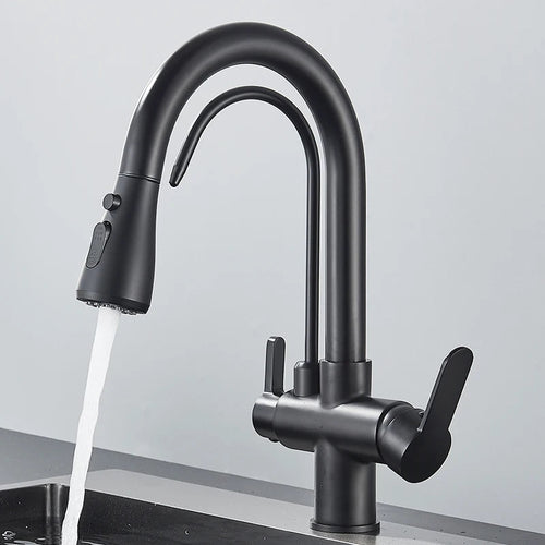 Quyanre Matte Black Filtered Crane For Kitchen Pull Out Spray 360 Rotation Water Filter Tap Three Ways Sink Mixer Kitchen Faucet EzBuyCo