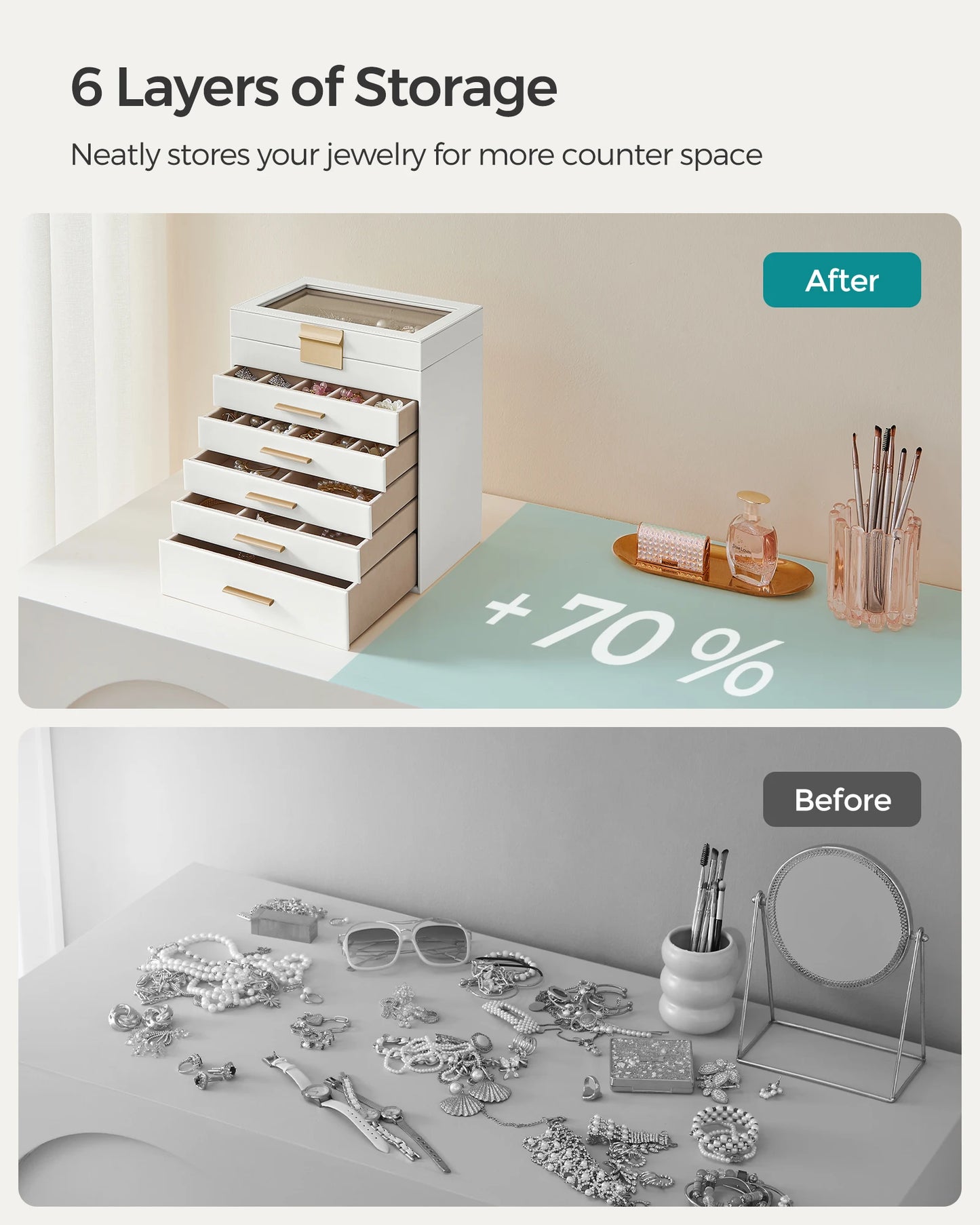 SONGMICS Jewelry Box with Glass Lid, 6-Layer Jewelry Organizer, 5 Drawers, for Sunglasses, Big Jewelry, Jewelry Storage