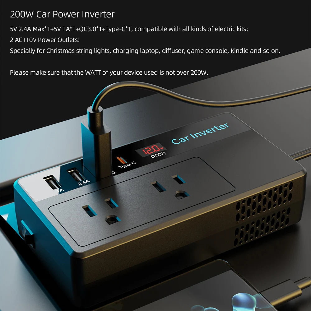 200W Car Inverter DC 12V To 110V AC Power Inverters 3 USB 1 Type-C Ports Charger Adapter Car Plug Converter with LED Screen EzBuyCo