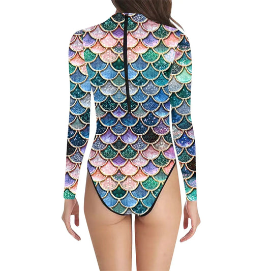 3D Digital Print Fish Scale Long Sleeve Swimsuit For Women Beach Vacation Swimwear Sexy Sheer Bikini One-piece Bathing Suit 2025