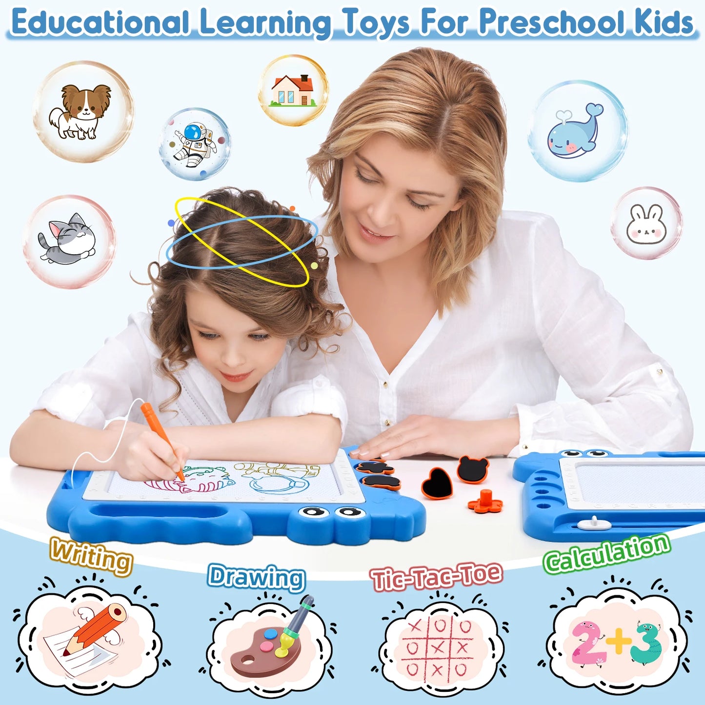 Magnetic Drawing Board Toddler Toys Gift for 3 Year Old Girls Boys, Sketch Writing Doodle Pad Age 4 Travel Games, Blue