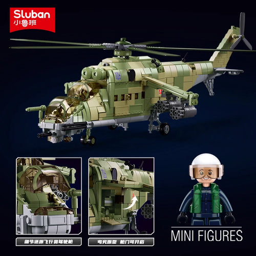 2024 Sluban WW2 Military Russia Air Weapon Mi-24 Attack Helicopters Hind Model Building Blocks Classics Fighter Bricks Plane Toy