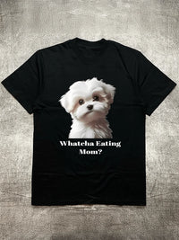 Men's Black 200g Cotton T - Shirt - Adorable Dog “Whatcha Eating Mom ?" Interaction Heat Transfer Print Round Neck Short Sleeve