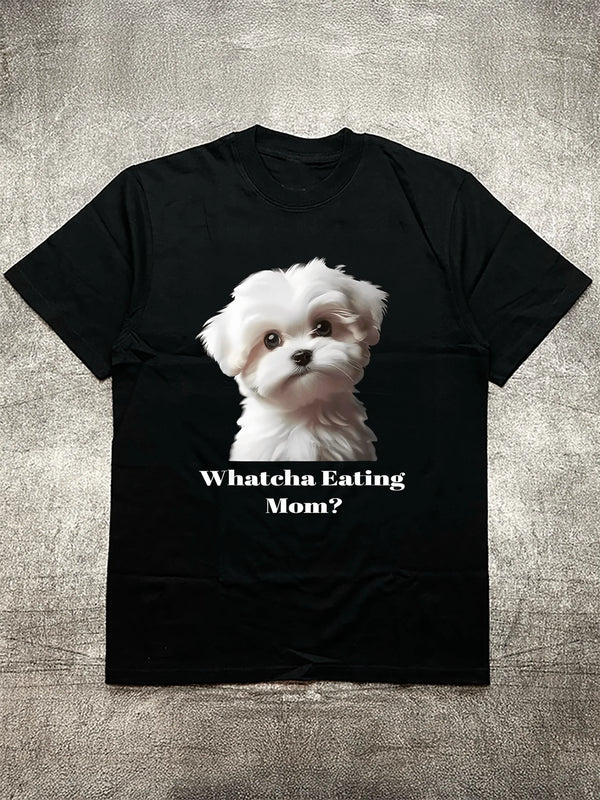 Men's Black 200g Cotton T - Shirt - Adorable Dog “Whatcha Eating Mom ?" Interaction Heat Transfer Print Round Neck Short Sleeve