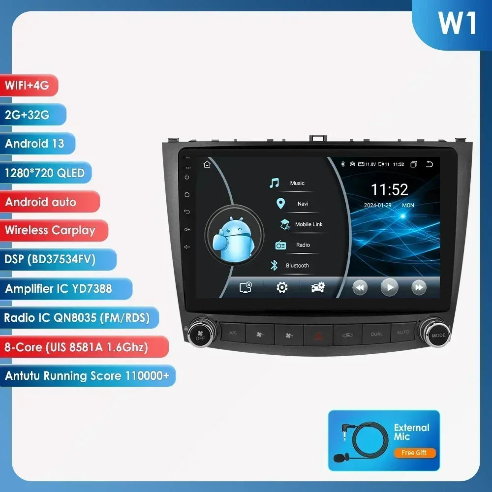 Hizpo Android 13 Car Radio 2 Din Auto Player For Lexus IS250 200 300 350 2006-2012 Stereo Apple Carplay GPS Navigation AI Voice