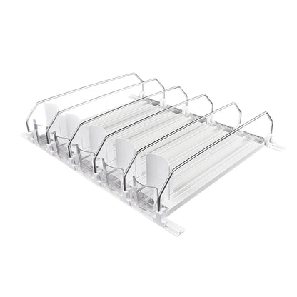 Drink Organizer Dispenser Spring Push Can Shelf Pusher Adjustable Width Soda Can Bottle Pusher E-shaped Glide for Kitchen Fridge