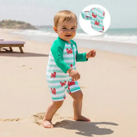 Children s Boys Long Sleeve Swimwear Set with Crab and Stripe Print Zipper Rash Guard Swimsuit Matching Hat Beachwear