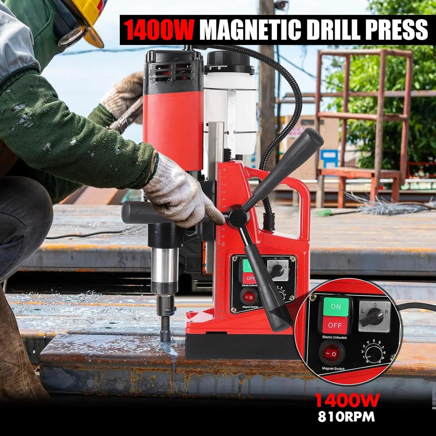 Magnetic Drill Press 110V, 2 Inch Boring Diameter, 1400W, 810 RPM, 6Pcs Drill Bits, 40 Dual Track, Portable Magnetic Drill