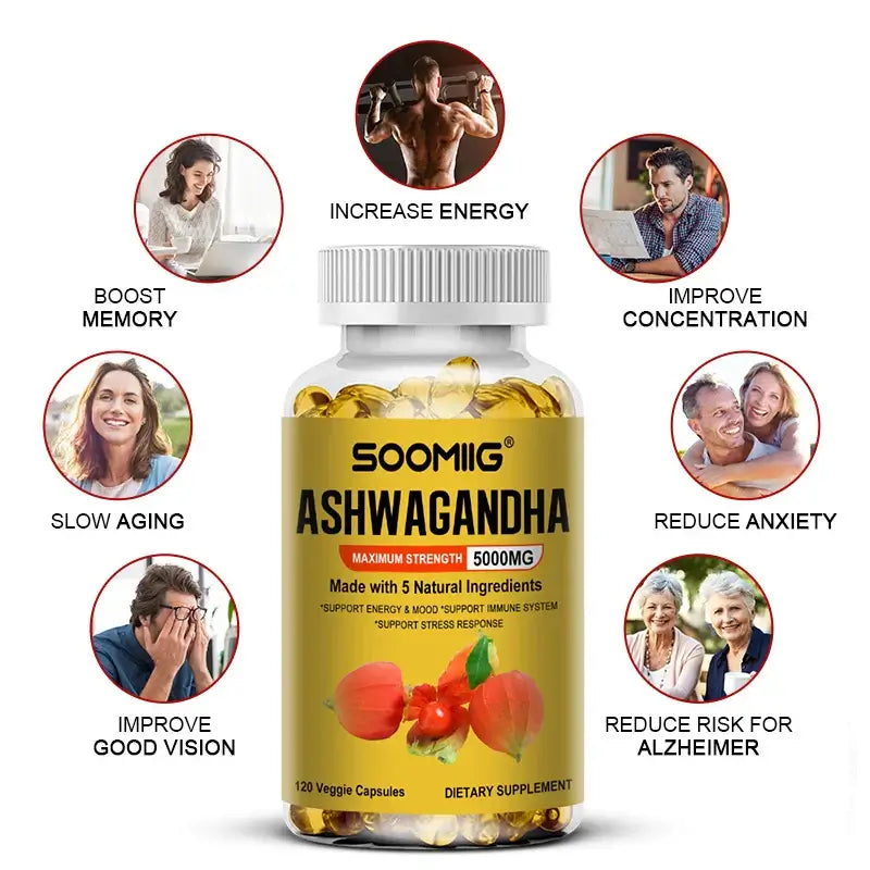 Soomiig Ashwagandha 5000mg capsules for energy, immunity, mood support, and stress relief, 120 veggie capsules.