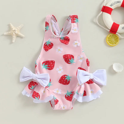Toddler Girl s Floral Print Swimsuit with 3D Bow Detail Round Neck Sleeveless Design and Frill Trim - Cute Summer Swimwear