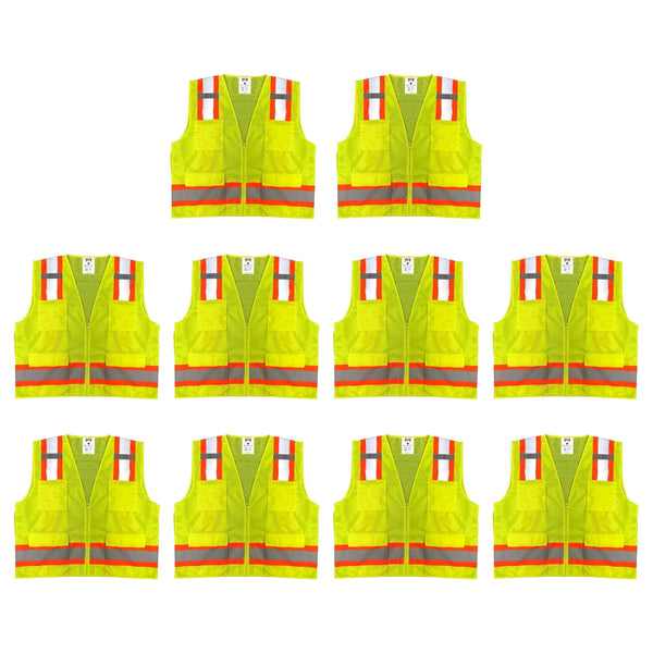 Safety Main 05TTSYZ Surveyor Vest, Class 2, Solid Front, Mesh Back, Hi-Vis Yellow, Pack of 10