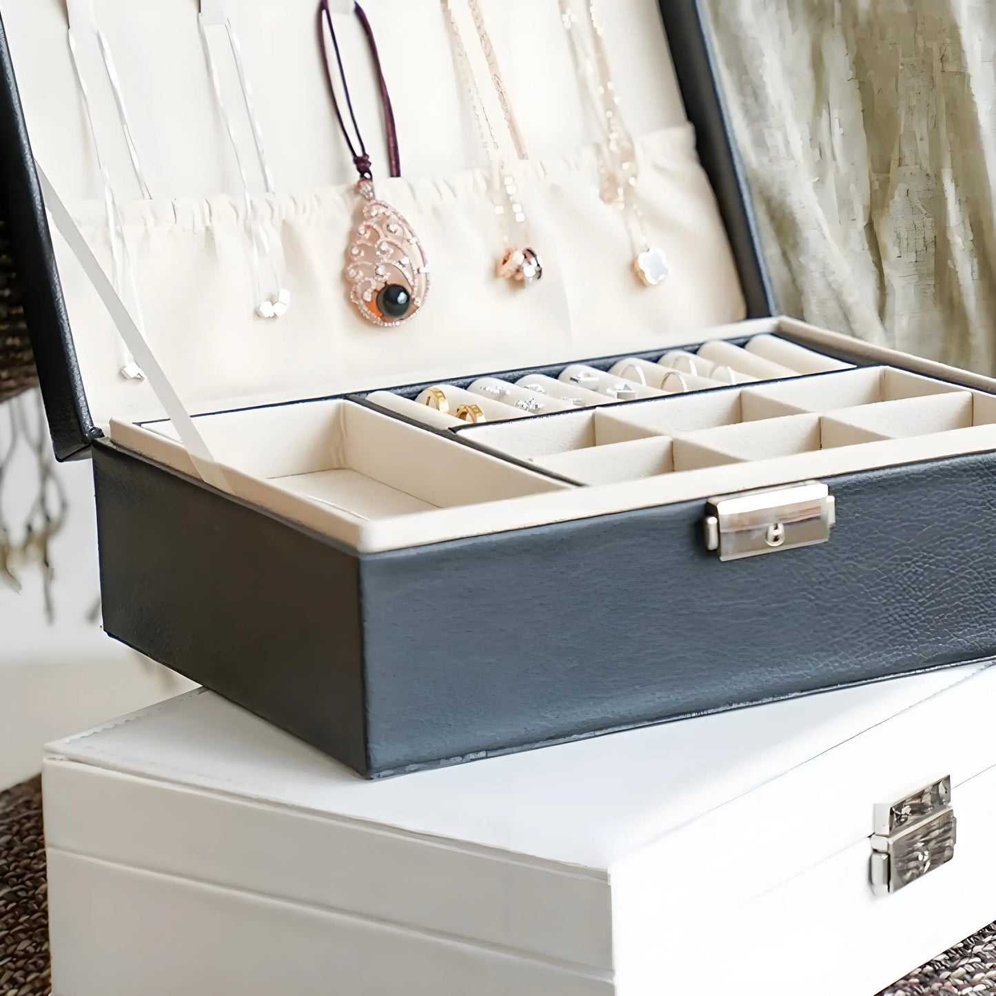 Double-Layer Wooden Jewelry Box with PU Leather Ring Box Jewelry Storage Organizer And Makeup Case Packaging