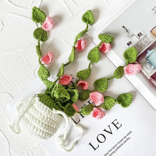 Crochet Plants Vine Hanging Basket Artificial Flowers Handmade Gift For Her Room Home Wall Decor Car Mirror Ornament Accessories