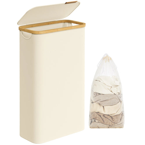 SONGMICS Laundry Hamper with Lid, Slim Laundry Basket, 17.2 Gallons (65L), Space-Saving, Removable Mesh Liner, Bamboo Handles