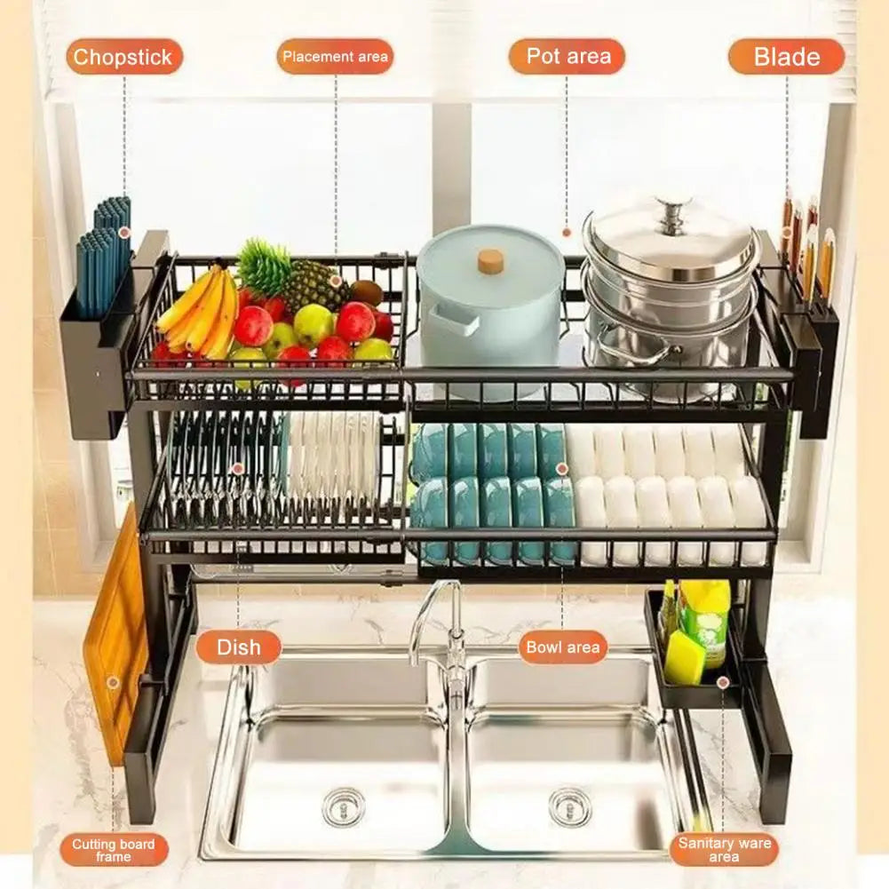 2 Tier Large Capacity Dish Rack, Sink Organize Stand, Kitchen Counter Storage Shelf Supplies for Plates Bowls Pots, Black