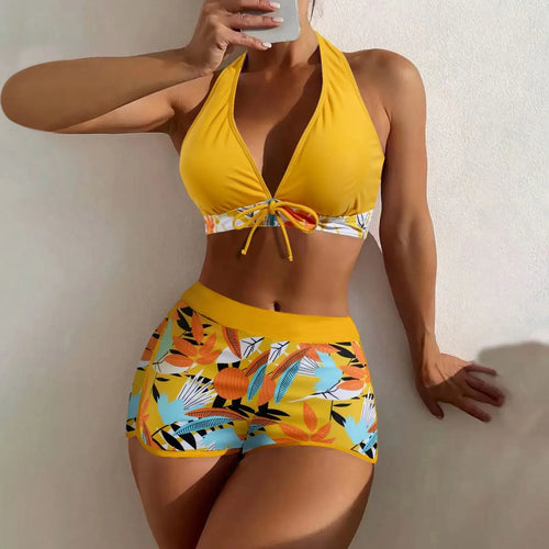 Shorts Bikinis Set  High Waist Swimsuit Women Swimwear 2 Pieces Plant Print Bathers Bathing Swim Suit Beachwear