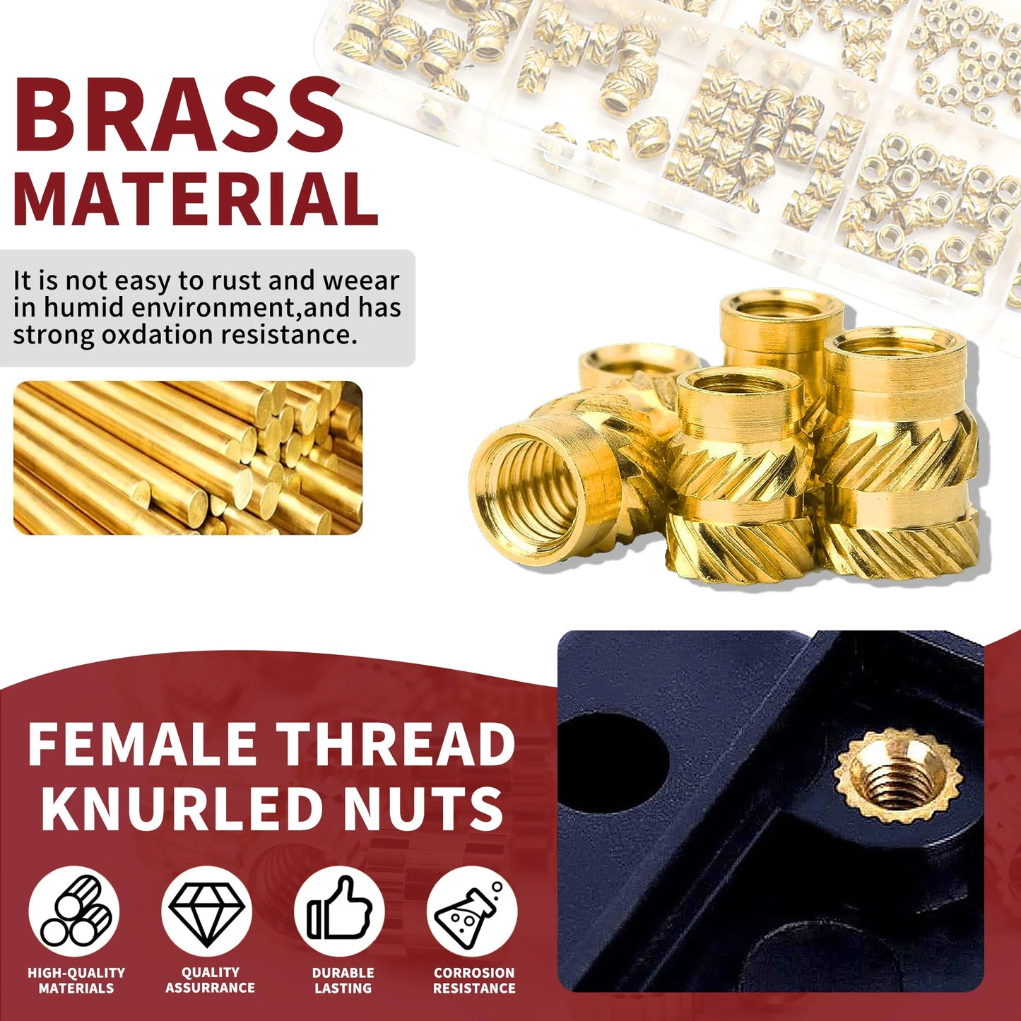 428Pcs 5 Values M2 M2.5 M3 M4 M5 Female Thread Knurled Nuts Brass Threaded Insert Embedment Nuts Hydraulic Welded Joint Injectio