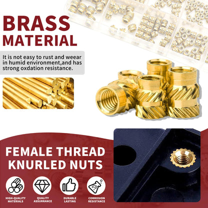 428Pcs 5 Values M2 M2.5 M3 M4 M5 Female Thread Knurled Nuts Brass Threaded Insert Embedment Nuts Hydraulic Welded Joint Injectio