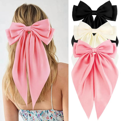 Hair Bows for Women Girls 3Pcs White Pink Black Silky Satin Large Bows Hair Clip Oversized Hair Ribbons Long Tail Big Hair Bows