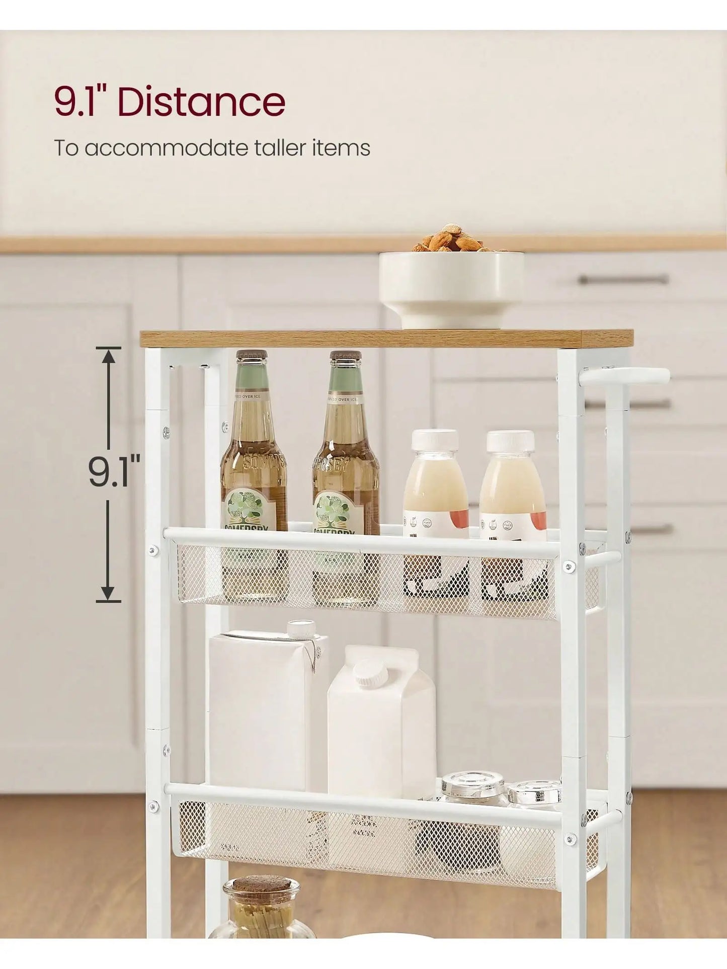 VASAGLE Slim Rolling Cart, 4-Tier Storage Cart, Narrow Cart with Handle, 5.1 Inches Deep, Metal Frame, for Kitchen, Dining Room