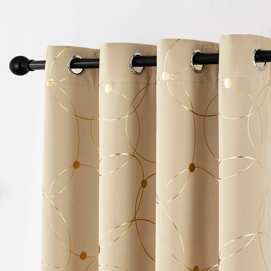 2Pcs Golden Wave &Circle Blackout Curtains Thermal Insulated Light Filtering Drapes with Grommet Top  Living Room Bedroom