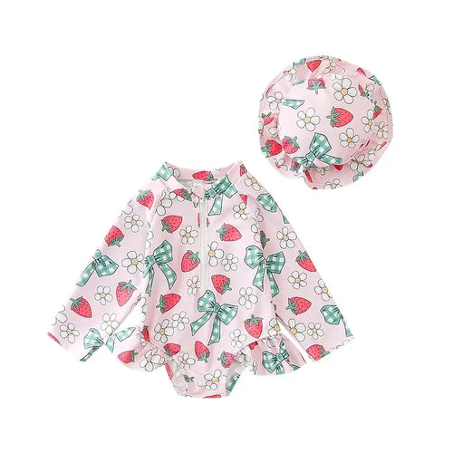 Baby Girls  Swimsuit with Sun Hat Set Floral Print Ruffle Sleeve Zip Up Rash Guard Swimwear Beachwear for Toddler Girls