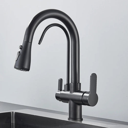 Quyanre Matte Black Filtered Crane For Kitchen Pull Out Spray 360 Rotation Water Filter Tap Three Ways Sink Mixer Kitchen Faucet EzBuyCo