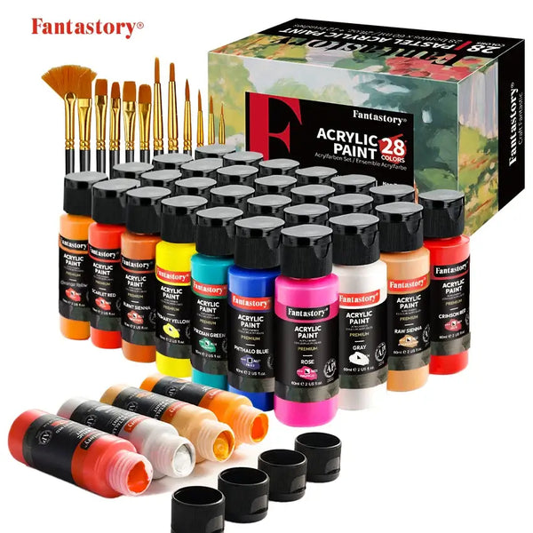 Fantastory 28 Classic Colors Acrylic Paint Set, Professional Craft Paint With 12 Brushes, Suitable for Wood/ Stons/ Model/ Rock
