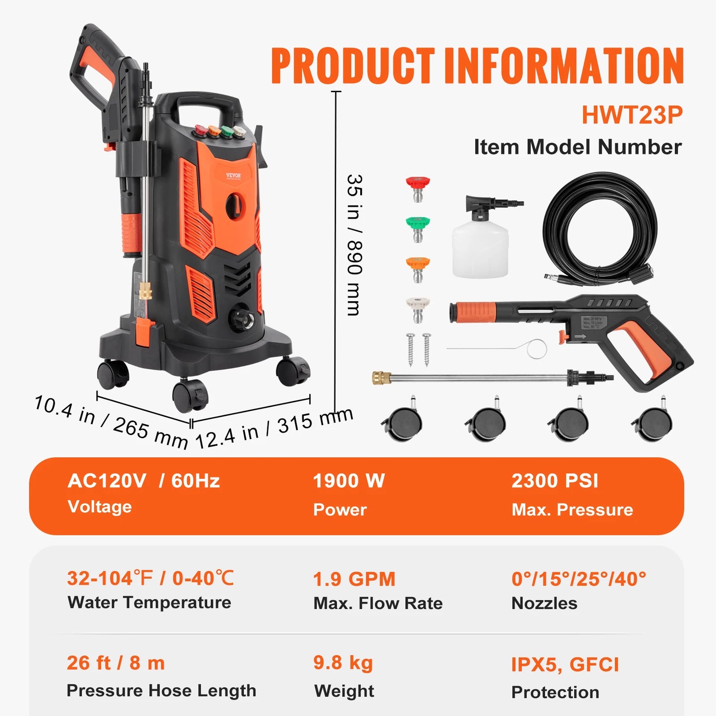 VEVOR Electric Pressure Washer Power Washer Quick Connect Nozzles Foam Cannon Retractable Handle for Portable to Clean Patios