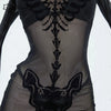 MEOWCOS Women Gothic Black Sexy Lingerie Skeleton Print See Though Dress and Bikini Set with Choker