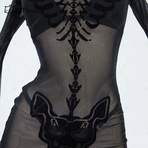 MEOWCOS Women Gothic Black Sexy Lingerie Skeleton Print See Though Dress and Bikini Set with Choker