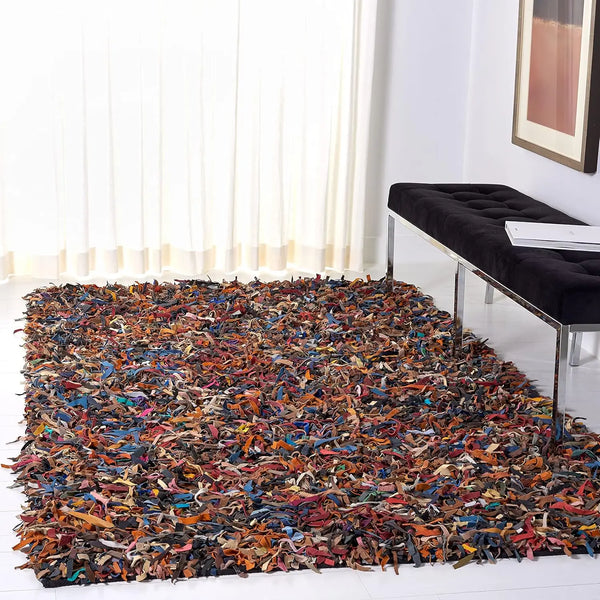Leather Shag Collection Area Rug - 6' X 9', Multi, Hand-Knotted Modern Leather, Ideal For High Traffic Areas In Living Room,