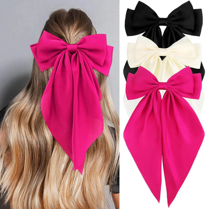 Hair Bows for Women Girls 3Pcs White Pink Black Silky Satin Large Bows Hair Clip Oversized Hair Ribbons Long Tail Big Hair Bows