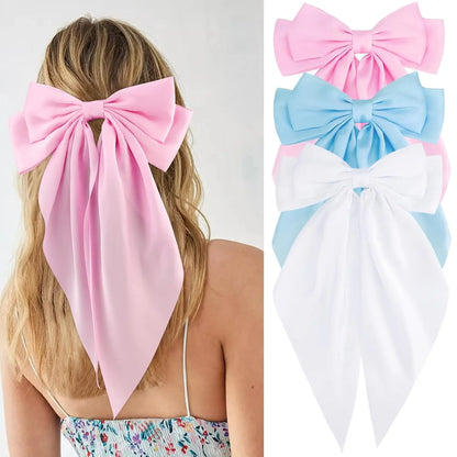 Hair Bows for Women Girls 3Pcs White Pink Black Silky Satin Large Bows Hair Clip Oversized Hair Ribbons Long Tail Big Hair Bows