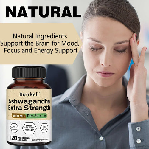 Ashwagandha 3000 mg, Black Pepper Extract, helps balance stress and manage mood, improves sleep quality