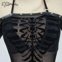 MEOWCOS Women Gothic Black Sexy Lingerie Skeleton Print See Though Dress and Bikini Set with Choker