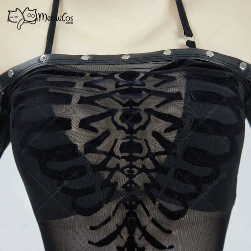 MEOWCOS Women Gothic Black Sexy Lingerie Skeleton Print See Though Dress and Bikini Set with Choker