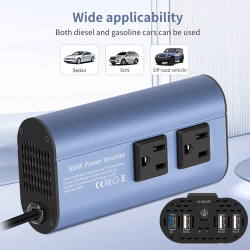 Modified Frequency Inverter Double receptacle 4USB 500W  DC12V To AC110V Ports Car Adapter Portable Inverter