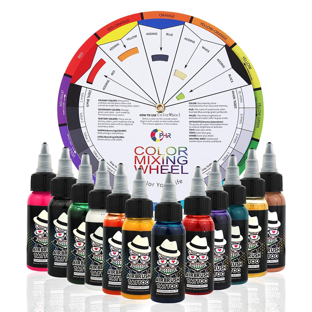 OPHIR Airbrush Tattoo Inks with Color Wheel 30ML/Bottle 12/18 Colors Body Art Paint for Airbrush Temporary Tattoo TA053